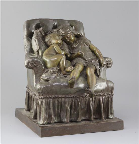 Aristide-Onesime Croisy (French, 1840-1899) . Le Nid a bronze group of two children sleeping in an armchair, height 12in.